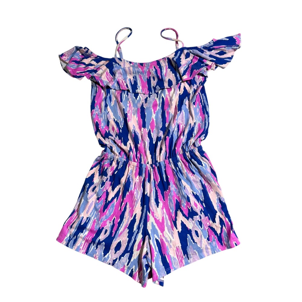 Lilly Pulitzer Women Ikat Ruffle Off Shoulder Romper Jumpsuit Coastal Chic XS